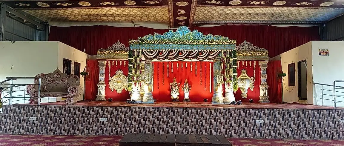 Function hall stage before the mandapam is dressed